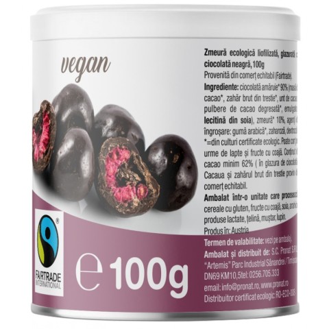 Snacksuri, Zmeura glazurata cu ciocolata neagra bio, 100g, biomag.ro