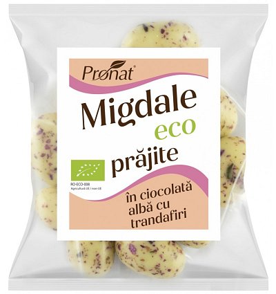 Migdale bio prajite, glazurate in ciocolata alba cu trandafiri, 50g