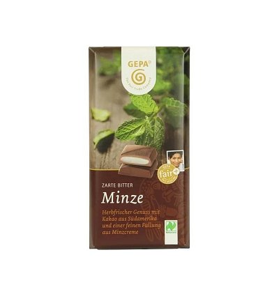 Ciocolata neagra amaruie, delicata, cu crema proaspata de menta, bio si fairtrade, 100g