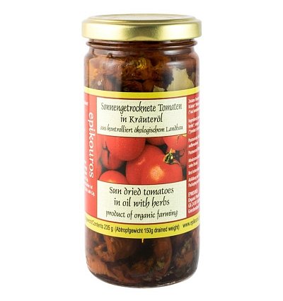 Rosii uscate la soare, in ulei cu ierburi aromatice, bio, 235 g