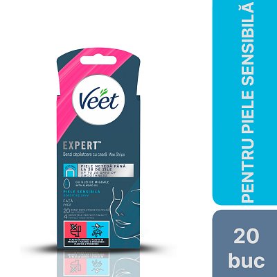 Benzi de ceara depilatoare Veet pentru fata, piele sensibila, 20 benzi