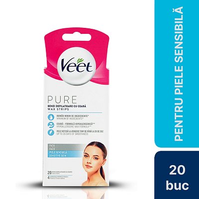 Benzi de ceara depilatoare Veet pentru fata, 20 benzi